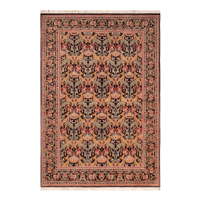 Shabby Chic Floral 1990's Pak-Persian Black/Gold Wool Rug - 6'1'' X 9'5'' For Sale