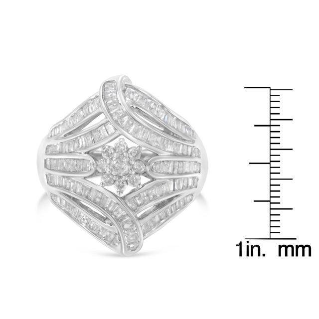 Metal .925 Sterling Silver 1-1/8 Cttw Round & Baguette Diamond 'Flower & Fern' Cluster Cocktail Fashion Ring (I-J Color, I2-I3 Clarity) - Size 6 For Sale - Image 7 of 7