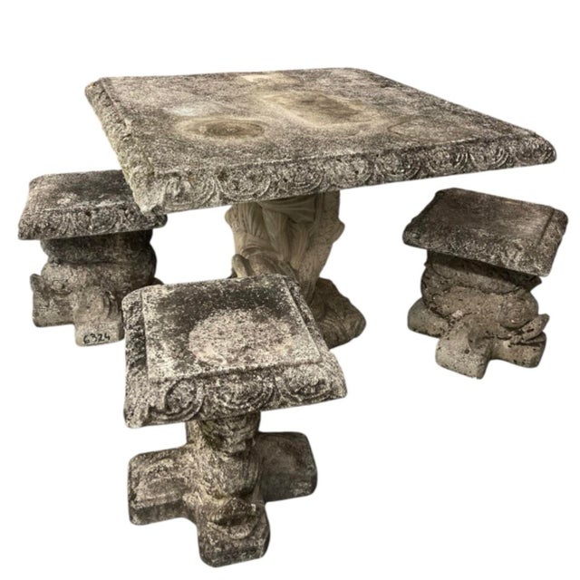 1980s Vintage Cast Stone Garden Dining Set With Dolphin Pedestal Table & Three Matching Stools For Sale - Image 5 of 12