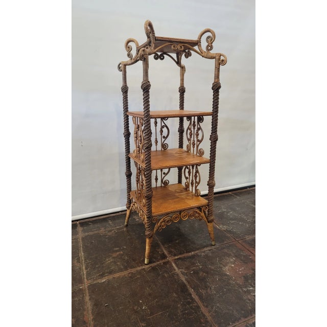 Gold 1880s Victorian Wicker Bamboo Heywood Brothers Co. ( Heywood Wakefield) Etagere Nick Nack Table For Sale - Image 8 of 8