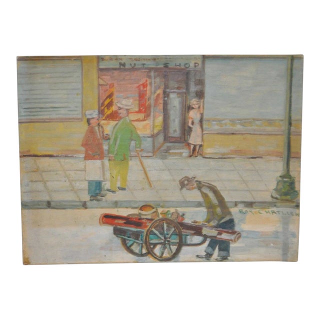 Circa 1940s Roy Chatlien "Buddy Squirrels Nut Shop" Oil Painting For Sale