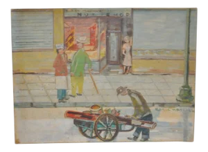 Circa 1940s Roy Chatlien "Buddy Squirrels Nut Shop" Oil Painting