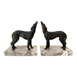 Antique French Art Deco Borzoi Bookends on Marble Bases – Pair, Sourced in Paris For Sale