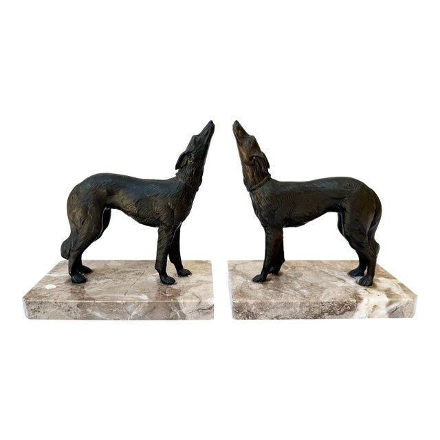 Antique French Art Deco Borzoi Bookends on Marble Bases – Pair, Sourced in Paris For Sale
