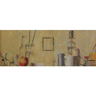 Guyon's Cloud by Matthew Saba | Oil Painting of various glass bottles and objects on a table For Sale