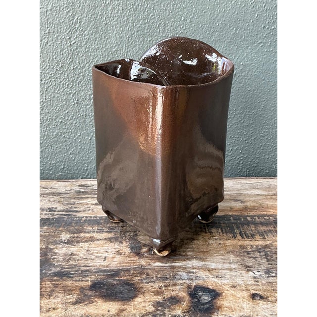 Vintage Handcrafted Brown Pottery Vase For Sale - Image 4 of 14