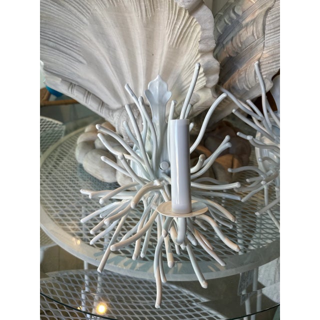 Vintage Pair Palm Beach Coral Metal Tole Wall Sconces Lights Newly Wired White For Sale - Image 11 of 12