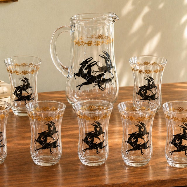 Neo Deco Barware 8 Glasses Pitcher Set Gazelle Supper Club Bar Cart Drinkware For Sale - Image 11 of 15