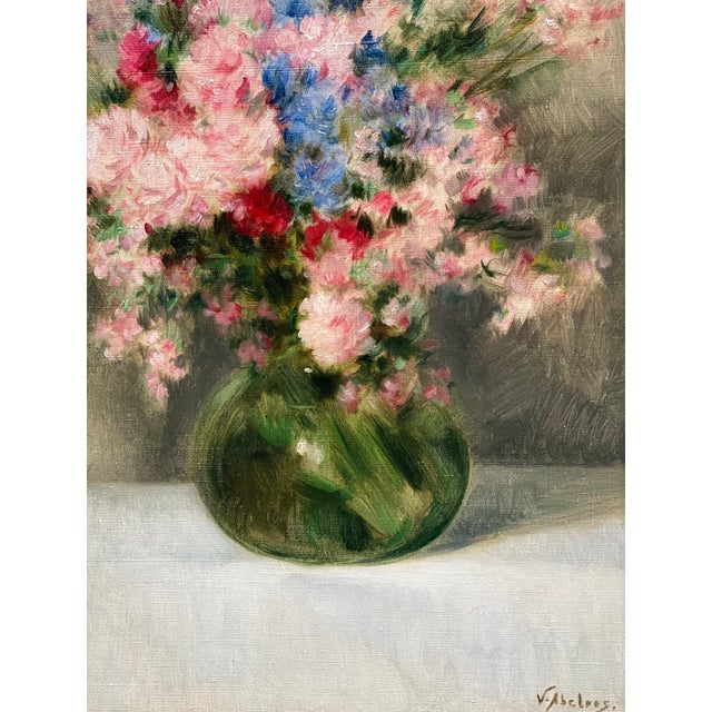 Victor Abeloos, Bouquet of Flowers in a Green Vase, 1890s, Oil Painting on Canvas, Framed For Sale - Image 8 of 12
