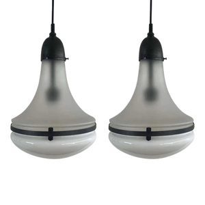 Pair Vintage Art Deco Lamp Ceiling Hanging Pendant Light Fixture Brass & Milk Glass Shade Light