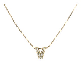 10K Yellow Gold Diamond Accent "V" Initial Bubble Pendant Necklace For Sale