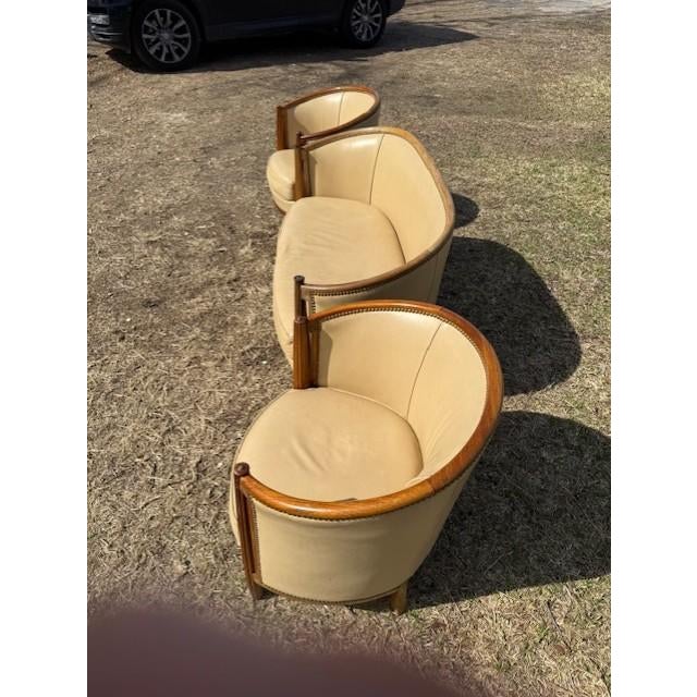 1940s French Art Deco Leather Solid Mahogany Barrel Back Club Chairs and Settees - A Set of 3 Piece For Sale - Image 9 of 17
