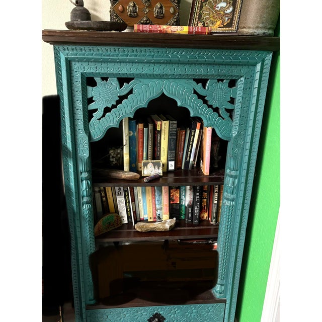 — Indian Hand‑Carved Teal Arch - Exquisite vintage Indian hand‑carved arch cabinet in distressed rustic teal. A rare and...