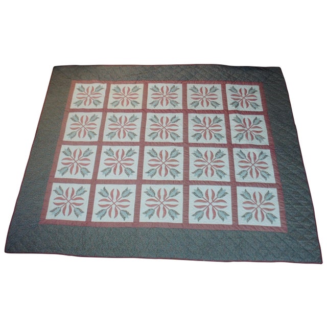 Vintage Hand Stitched Geometric Folk Art Tulips King Queen Blanket Bedspread Quilt For Sale - Image 13 of 13