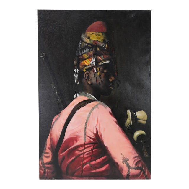 Contemporary Oil Painting Portrait With Tribal Headdress and Pink Garment For Sale