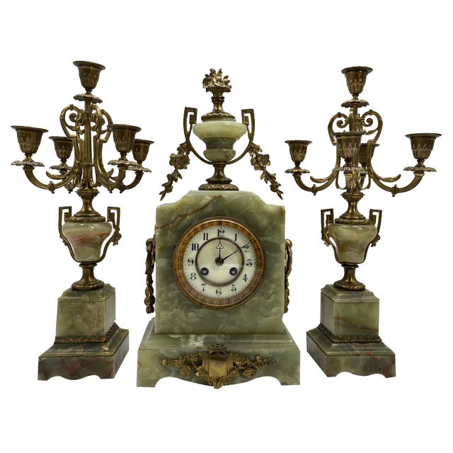 Mantel Set in Onyx, France, 1920, Set of 3 For Sale