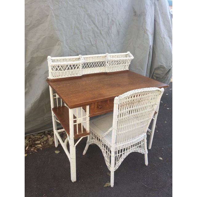 Antique Heywood Wakefield White Wicker and Dark Oak Desk and Chair Set