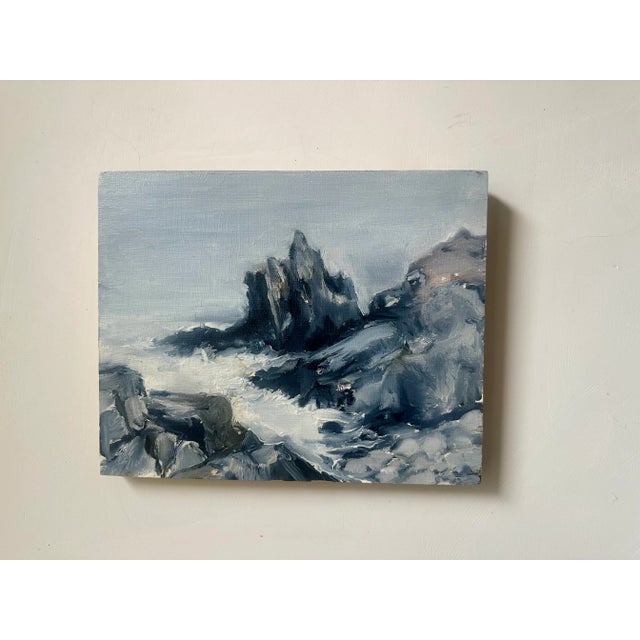 "Grey coastline" painting on board, sea embraces the winding cliffs, enveloping the surroundings in silver light. The sea...