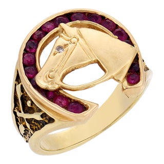1940s Retro Ruby Diamond 14k Yellow Gold Horseshoe Signet Ring, Size 6.75 For Sale