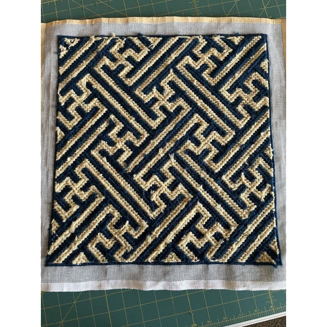 1970s 1970s Geometric Needlepoint Navy Blue and Cream Finished Canvas For Sale - Image 5 of 7