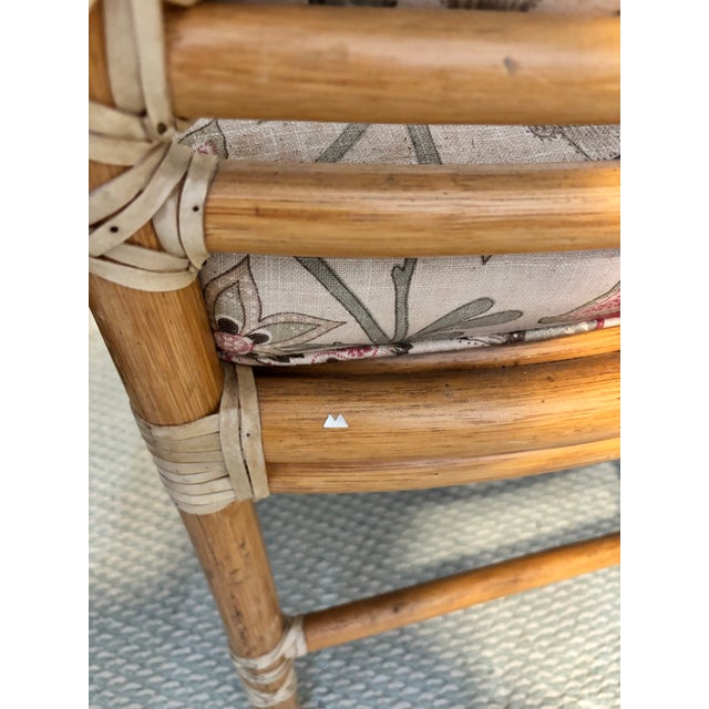 McGuire Target Back Chair. Upholstered in Palm Beach Designer Performance Fabric With Soft Pink and Green Accents. For Sale In West Palm - Image 6 of 8