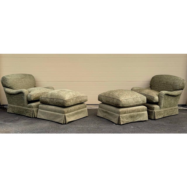 George Smith Standard Arm Style Chairs and Ottomans in heather green fabric with down seat cushions and ottomans cushions...