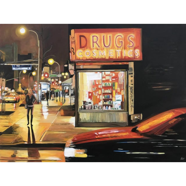 New York City Street Corner Painting With Female Figure at Night by Leading British Urban Landscape Artist, 2017 For Sale