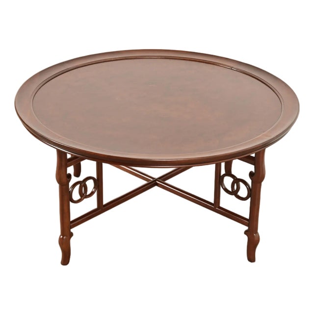 Michael Taylor for Baker Far East Collection Hollywood Regency Chinoiserie Burled Walnut Coffee Table, Newly Refinished For Sale