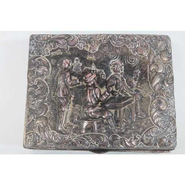 Japanese Embossed Metal Trinket Jewelry Snuff Box Made in Japan Figural Motif 4777b For Sale - Image 3 of 14