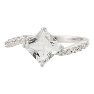 925 Silver Minimalist Square Cut Aquamarine Wave Band Ring - Size 7.5 For Sale