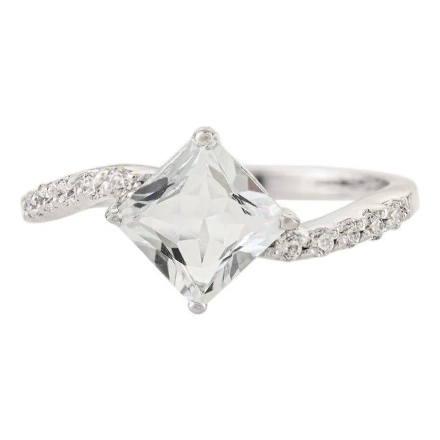 925 Silver Minimalist Square Cut Aquamarine Wave Band Ring - Size 7.5 For Sale