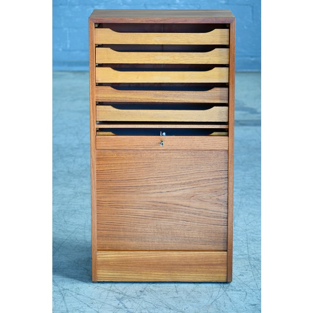 Danish Teak File Cabinet With Lockable Tambour Pull Up Front