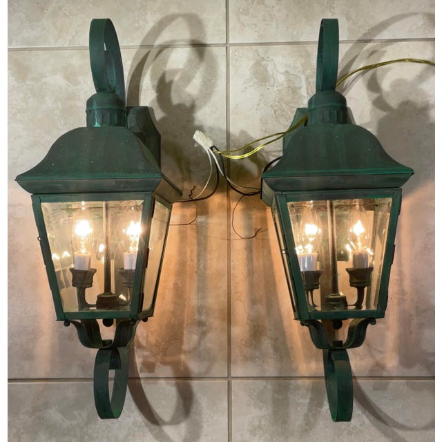 Metal Pair of Vintage Solid Brass Outdoor Wall Lanterns - 22”h X 7”.5 W X 7”.5 D For Sale - Image 7 of 16