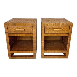 Late 20th Century Vintage Caning Wrapped Rattan Nightstands - a Pair For Sale
