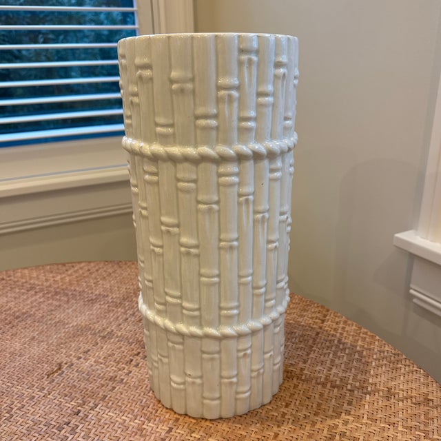 Late 20th Century Glazed White Ceramic Faux Bamboo Umbrella Stand Holder Made in Spain For Sale - Image 9 of 9