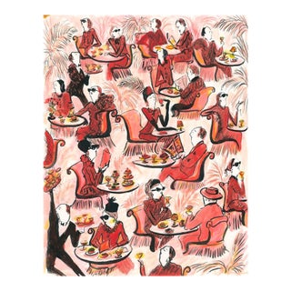 Pink Palms Red Luncheon Whimsical Contemporary Figurative Reproduction Print by Pauline De Roussy De Sales For Sale