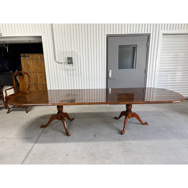 Custom Made Banquet Eastern Black Walnut Two Pedestal Dining Table With Three Leaves, Late 20th Century For Sale - Image 9 of 14