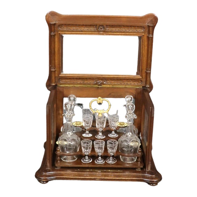 Rare Walnut Case French Etched Glass 18-piece decanter and Cordial Tantalus Set - 18 Pieces For Sale