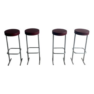Vintage Industrial Bar Stools with Burgundy Seats, 1980s, Set of 4 For Sale