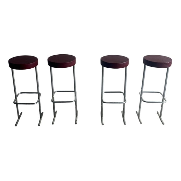 Vintage Industrial Bar Stools with Burgundy Seats, 1980s, Set of 4 For Sale