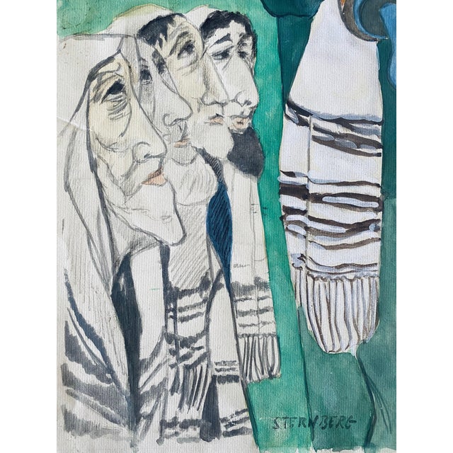 Harry Sternberg, Modernist Rabbi In Synagogue Judaica Watercolor Harry Sternberg For Sale In Miami - Image 6 of 9