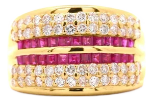 2.28 Carat Square Ruby & Diamond Channel Set 18k Gold Multi-Row Ring, Size 8.75