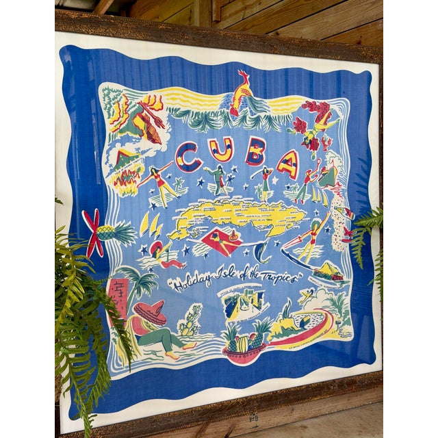 Monumental Vintage Cuba Souvenir Tablecloth Professionally Framed Wall Art For Sale - Image 11 of 12