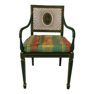 Adam Style Green Paint Decorated Cane Back Armchair For Sale