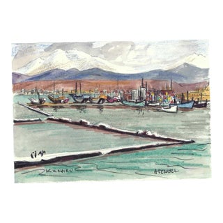 1950s Ivy Attwell Port of Kushiro Japan Drawing For Sale