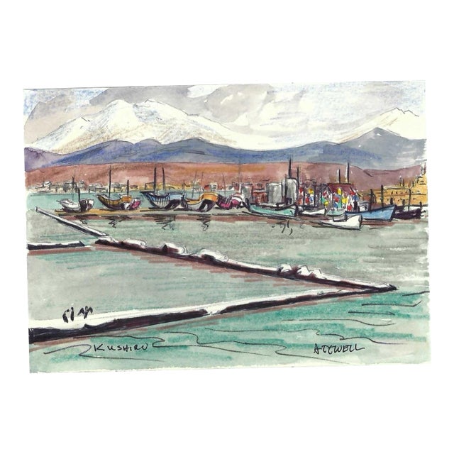 1950s Ivy Attwell Port of Kushiro Japan Drawing For Sale