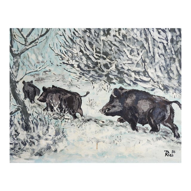 Vintage Wild Boars in Snowy Winter Forest Painting For Sale