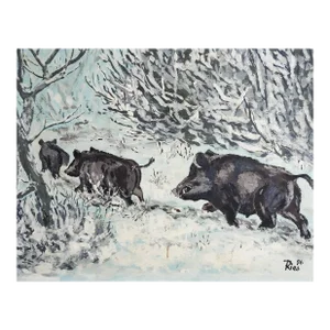 Vintage Wild Boars in Snowy Winter Forest Painting