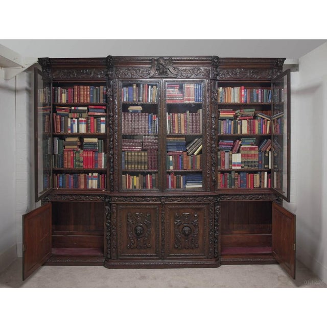 Victorian Carved Oak Breakfront Bookcase, 1870s For Sale - Image 9 of 18