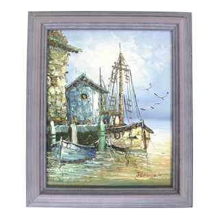 Signed Vintage Oil Painting, Marina Sailboats, Mid-Century Nautical Art For Sale